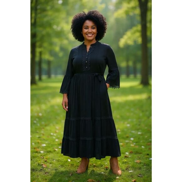 City Chic 22 w BLK Prairie Dress Maxi Goth Victorian Romantic Dark Cottage Core - Picture 1 of 6